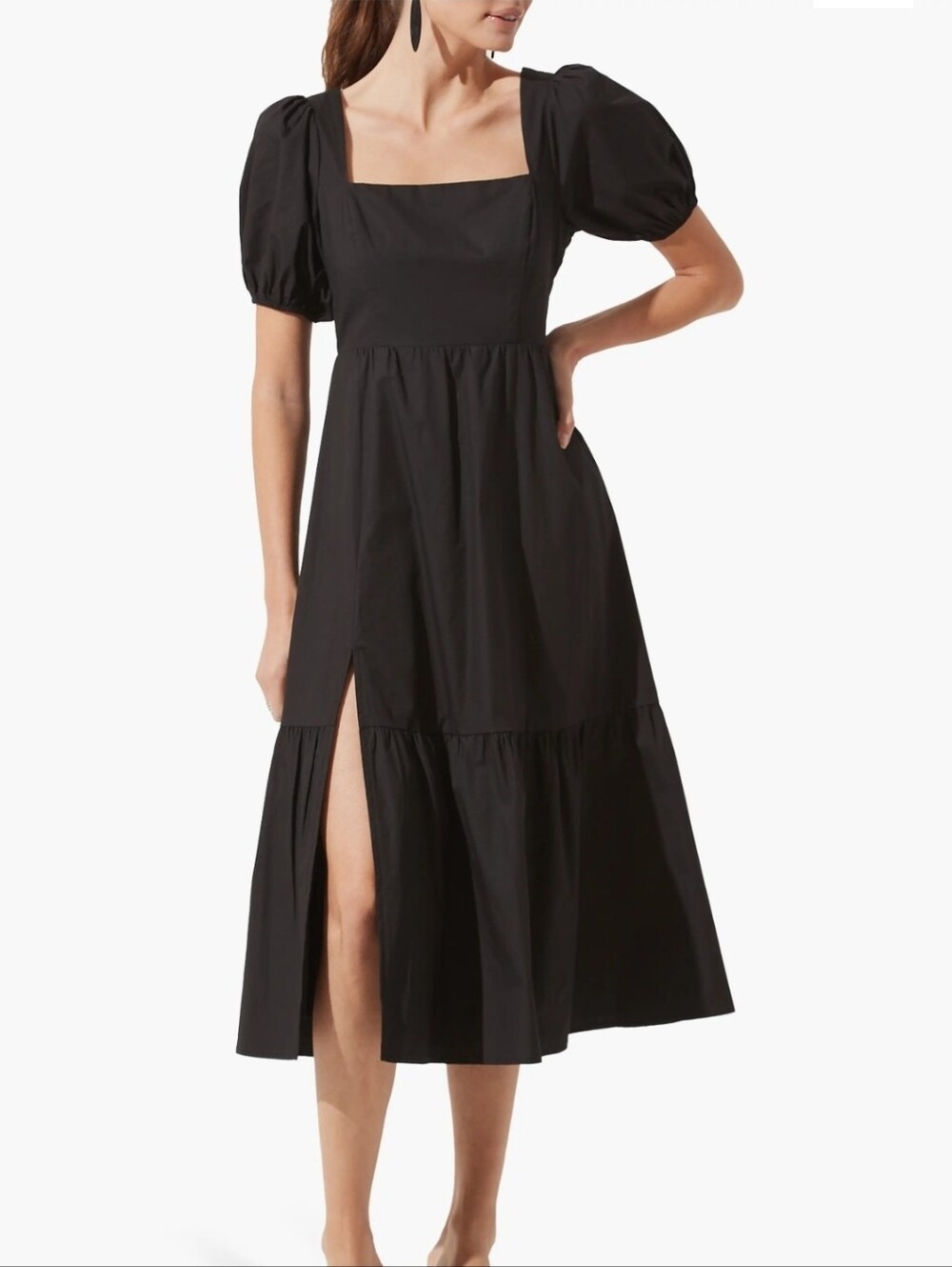 ASTR the Label Poplin Puff Sleeve Tiered Midi Dress Black With Slit  NWT